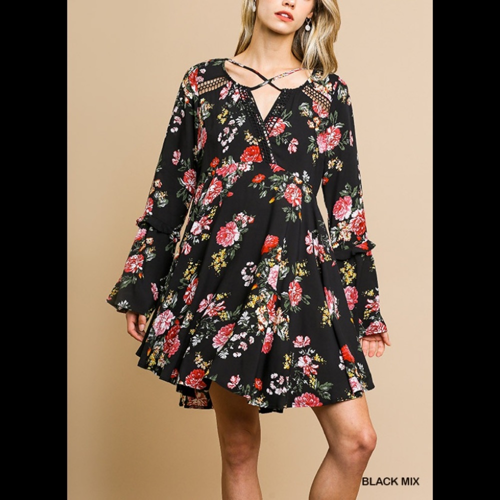 Umgee floral print bell sleeve criss cross neckline dress